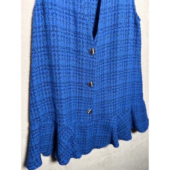 Zara Womens Blue Ruffled Tweed Pinafore Dress‎ V- Neck Button Front Size Small - Picture 5 of 5